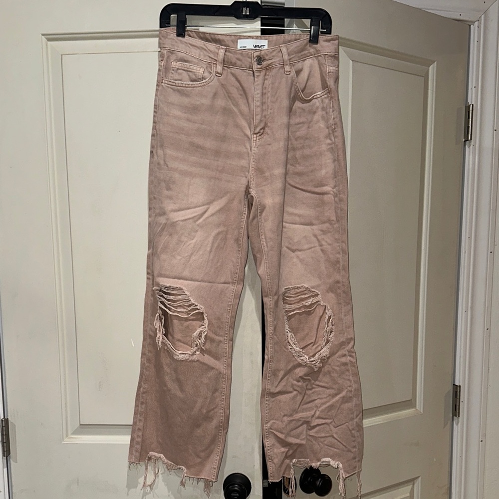 High-Rise Distressed Wide-Leg Jeans in Dusty Rose